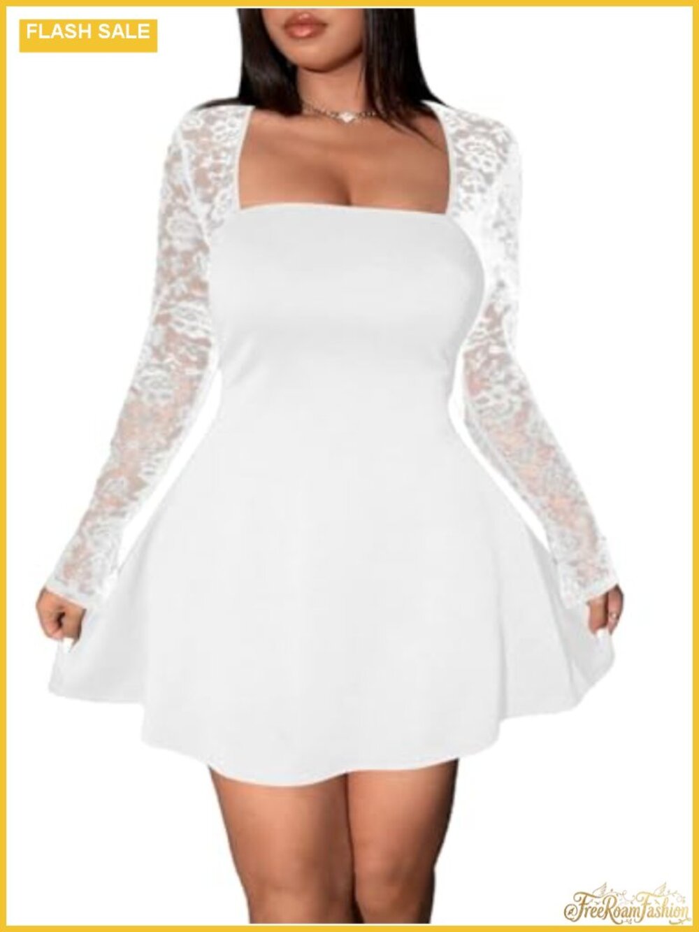 Plus Size Lace Sheer Long Sleeve Square Neck Mini Dress